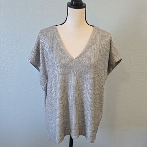 WHITE HOUSE BLACK MARKET Silver Metallic Knit V-Neck Top Sz XL